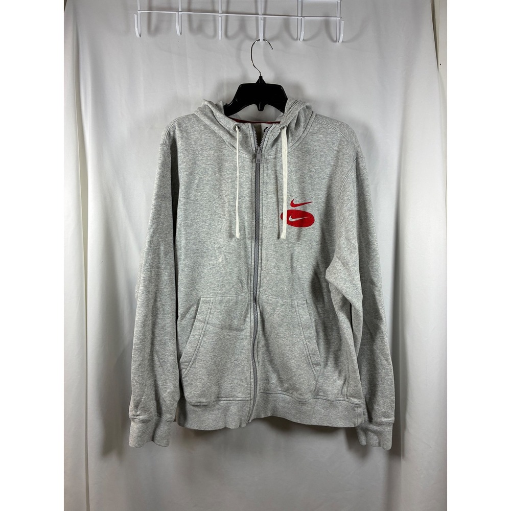 Nike Mens Full Zip Hoodie Heather Grey Red Oval Swoosh Fleece Sweatshirt Large